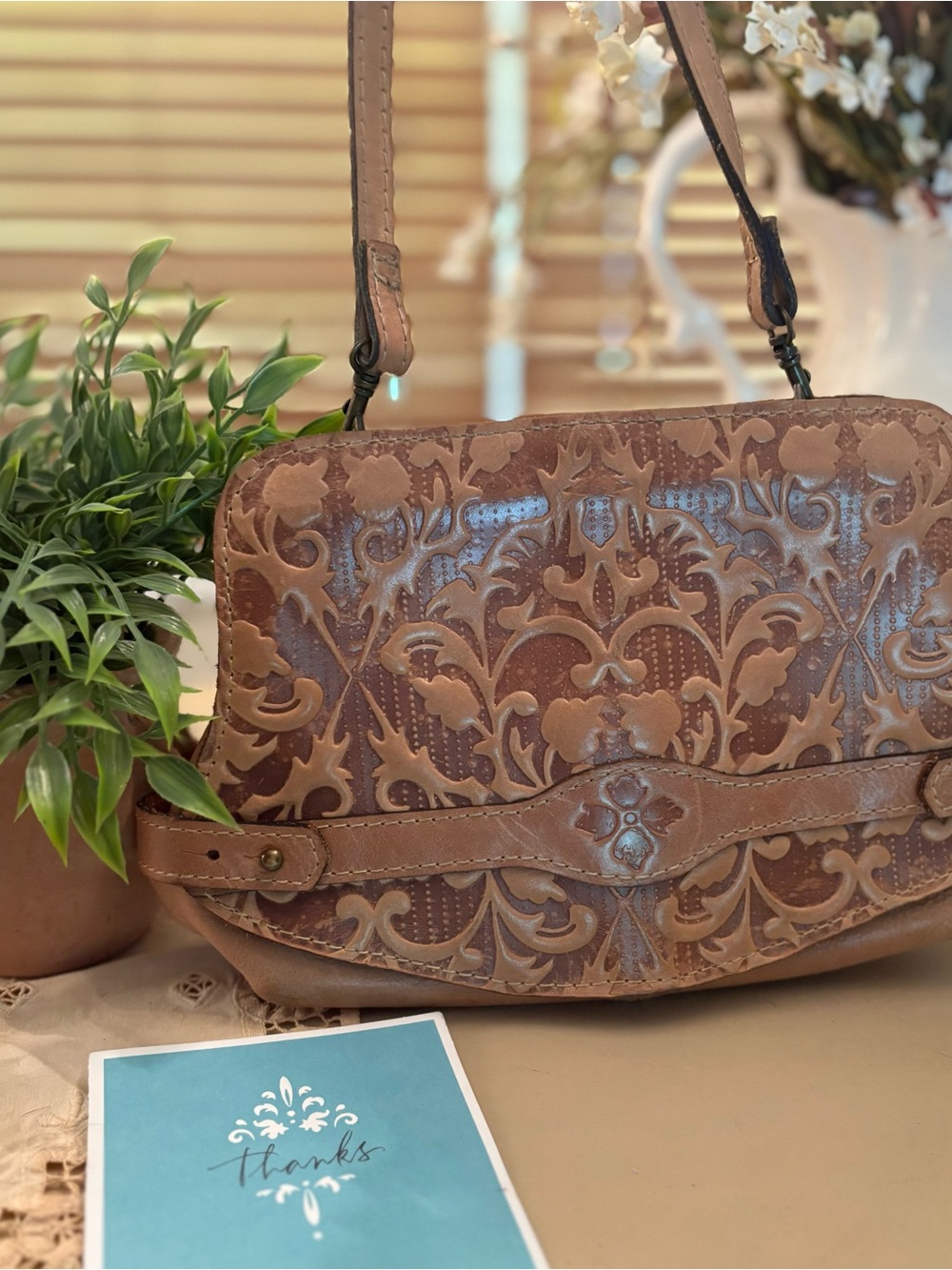 Patricia Nash Brown Tooled Floral Leather Shoulder Bag